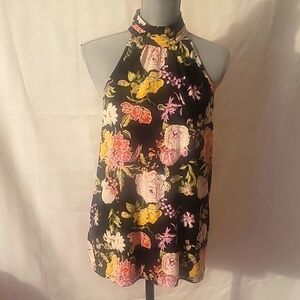 LOVE X DESIGN Black Floral Button Neck Halter, Size: XL